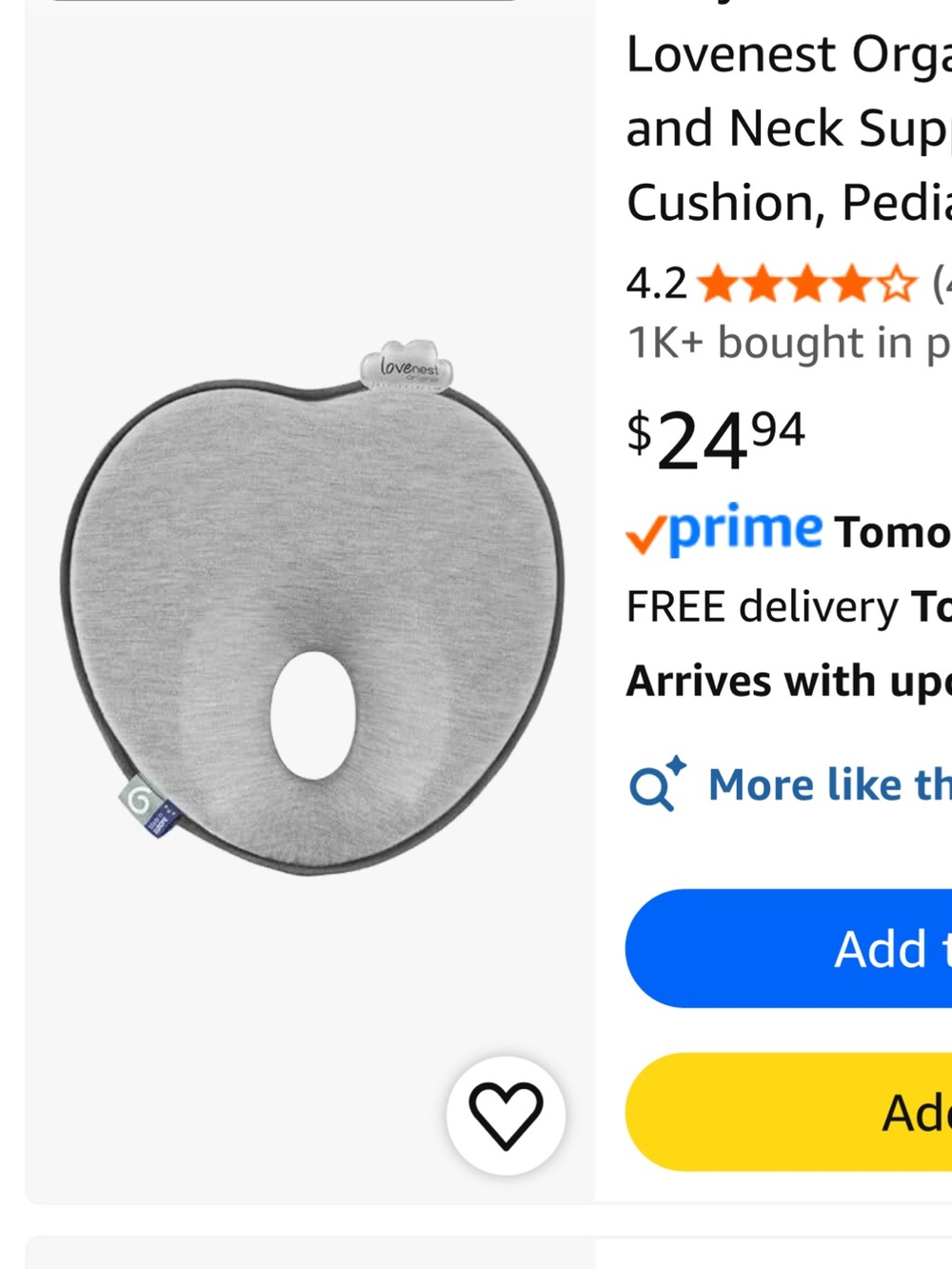 Lovenest Gray Baby Head Support Pillow